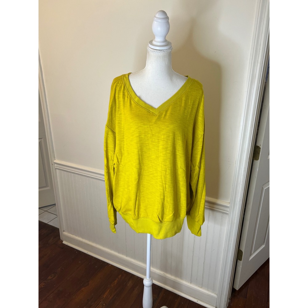 Umgee Womens Chartreuse Yellow Slub Knit V-Neck Pullover Top NWT 1XL‎